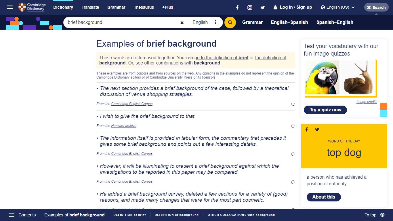 brief background in a sentence | Sentence examples by Cambridge Dictionary